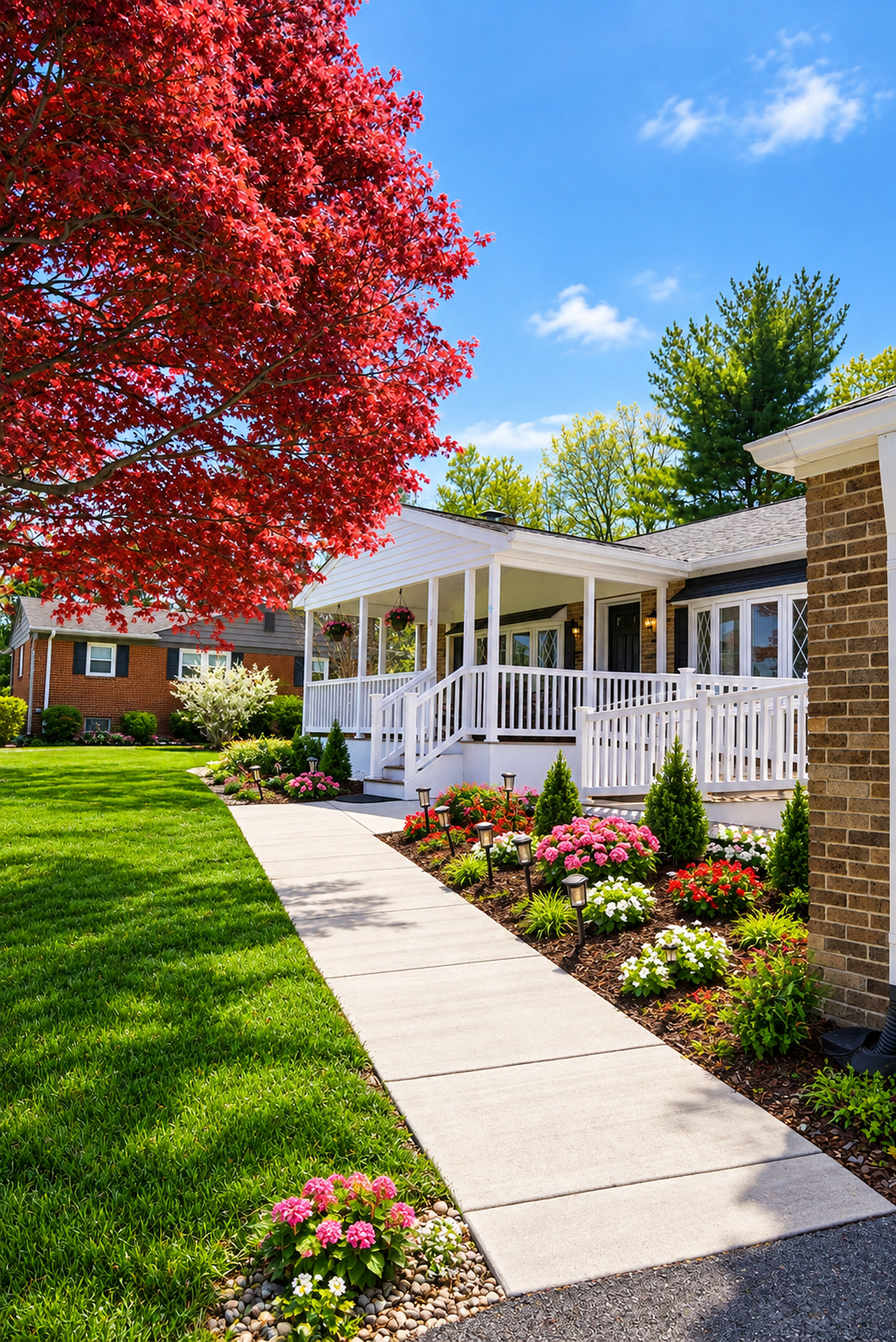 The covered porch and front lawn at Aria House