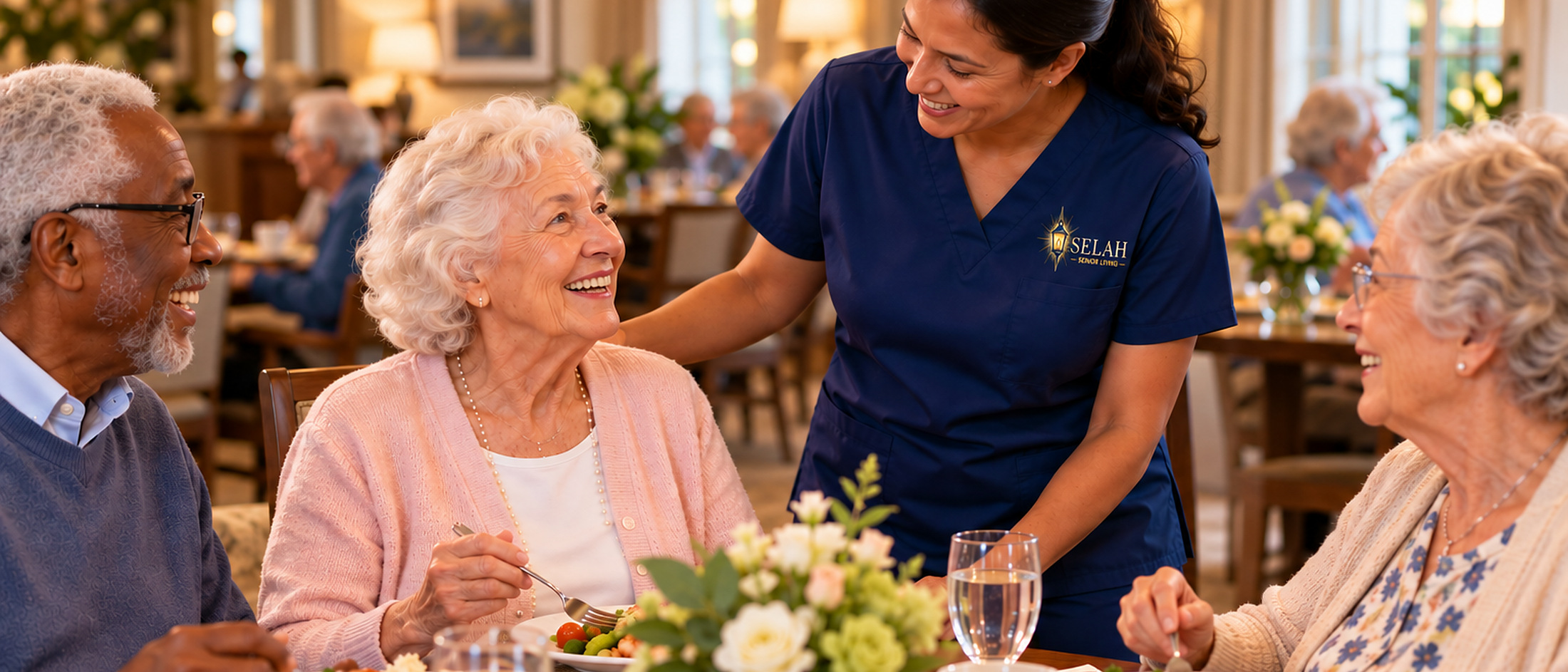 A Selah caregiver with residents at lunch in the dining room