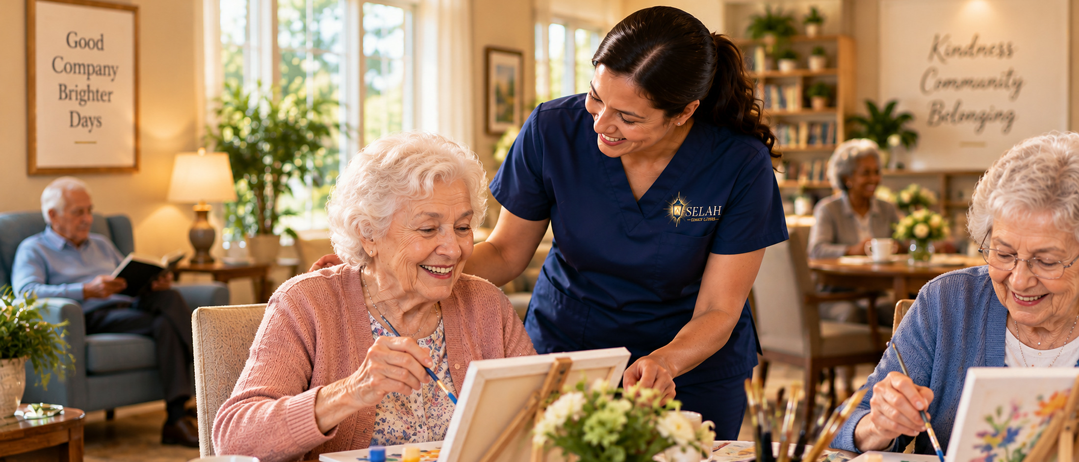 A resident painting with a caregiver beside her