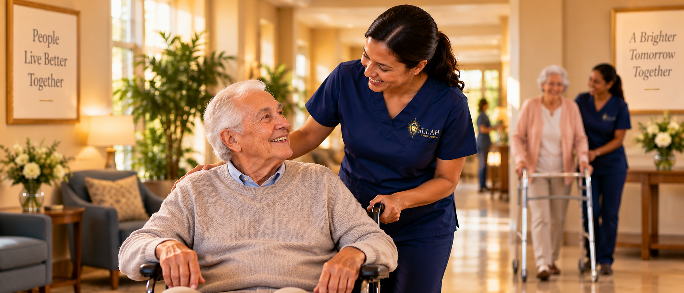 A Selah caregiver walking with a resident
