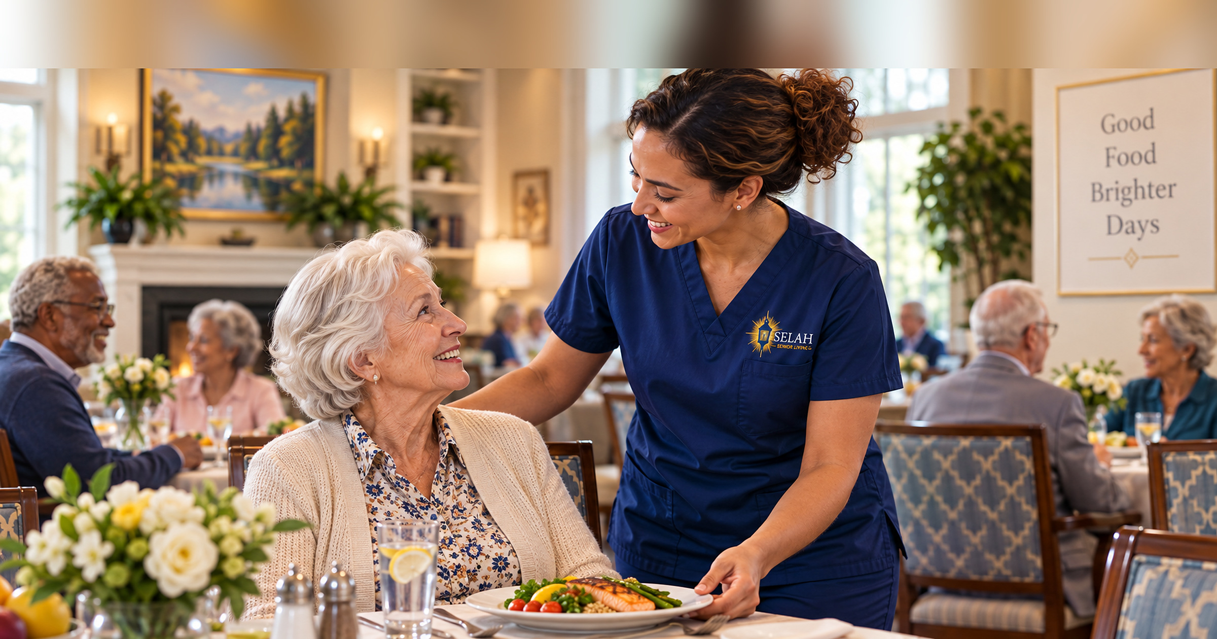 A Selah caregiver serving lunch in the dining room