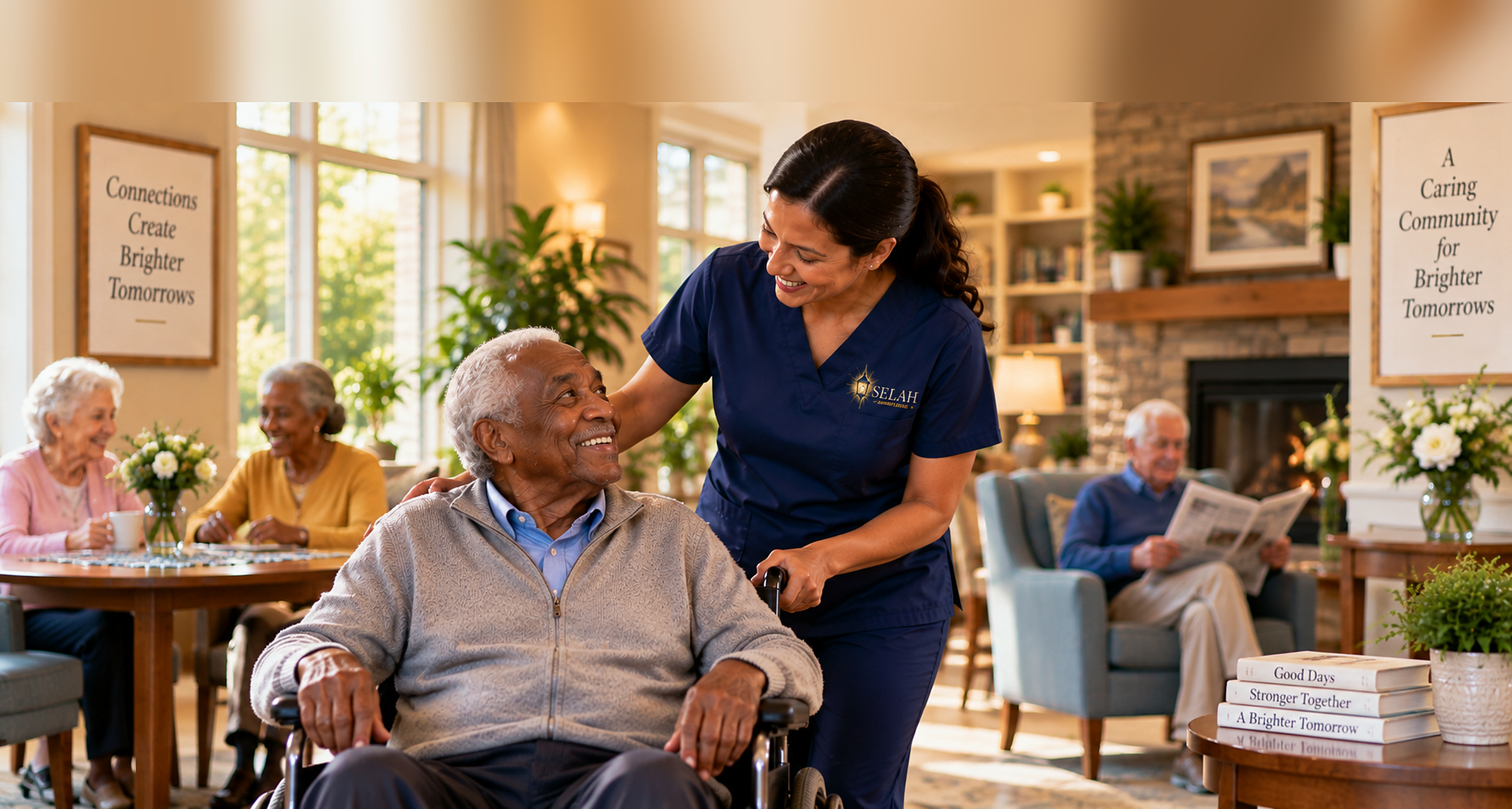 A Selah caregiver with residents in the lounge