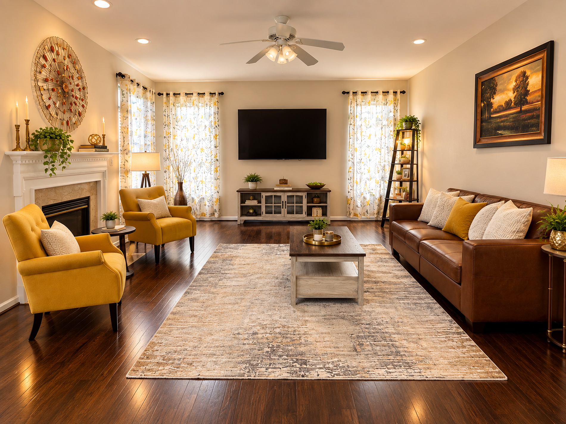 The family room at Serenade House with a fireplace